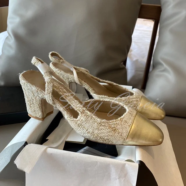 Summer New Women's Shoes Thick Heel French Square Toe Colored Patchwork Fashion Baotou Fairy Style Ankle Strap Shallow Sandals