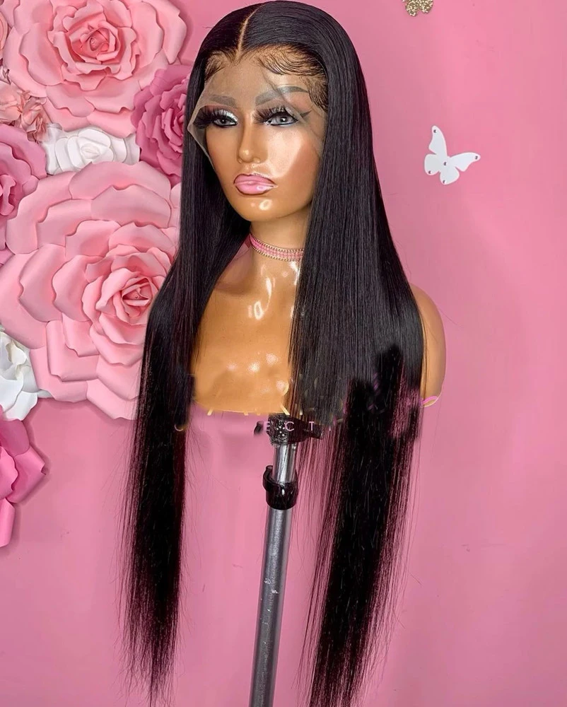 180%Density 26Inch Natural Black Long Straight Soft Middle Part Lace Front Wig For Black Women With Baby Hair Natural Hairline