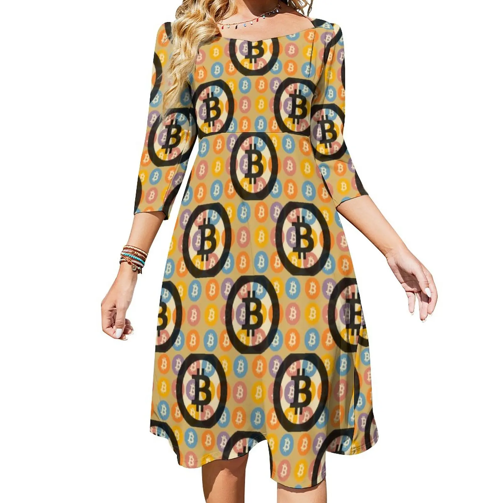 

Black Bitcoin Casual Dress Retro Coin Print Festival Dresses Summer Sexy Square Collar Aesthetic Graphic Dress Big Size