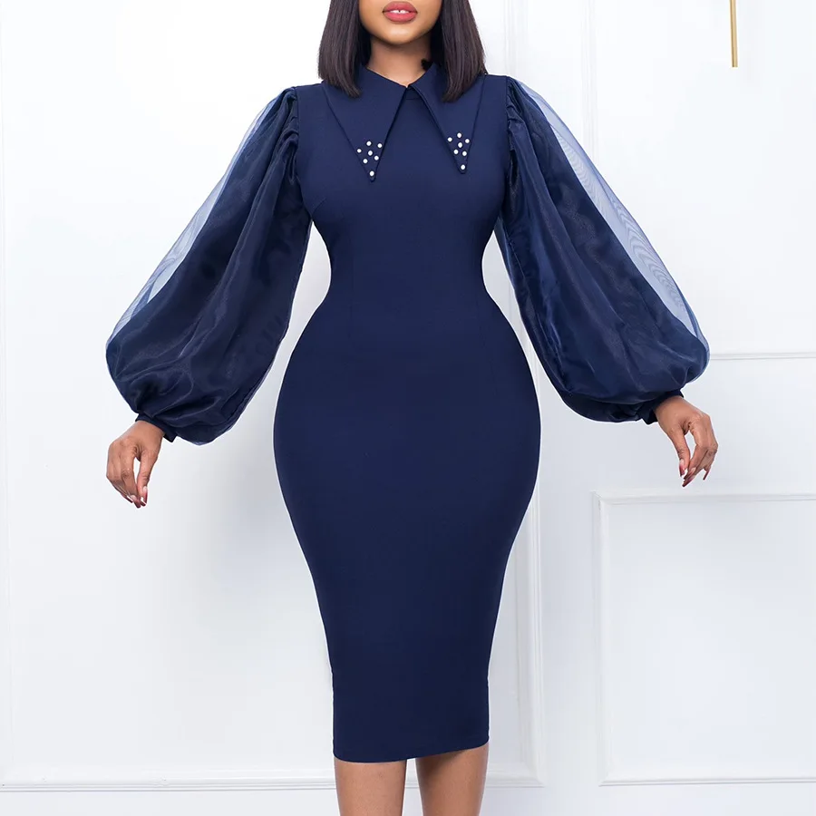 

Women Dresses Spring Autumn Mesh Puff Sleeve Bodycon Soild Color Slim Dress Turn-down Collar 2022 Female Casual Streetwear