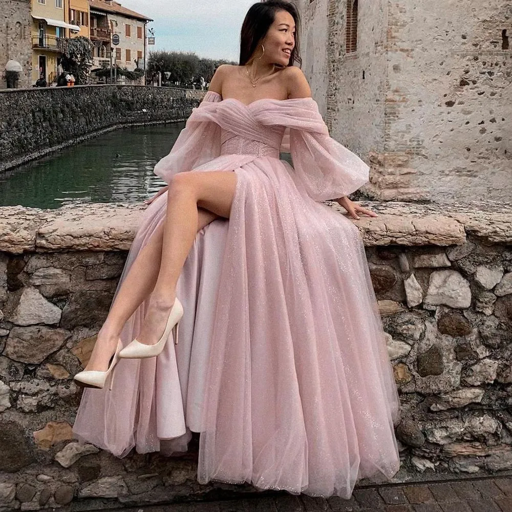 

Pink Shiny Tulle Prom Dresses Off The Shoulder Long Puff Sleeve Evening Party Gowns 2022 Slit Women Arabia Wedding Dress