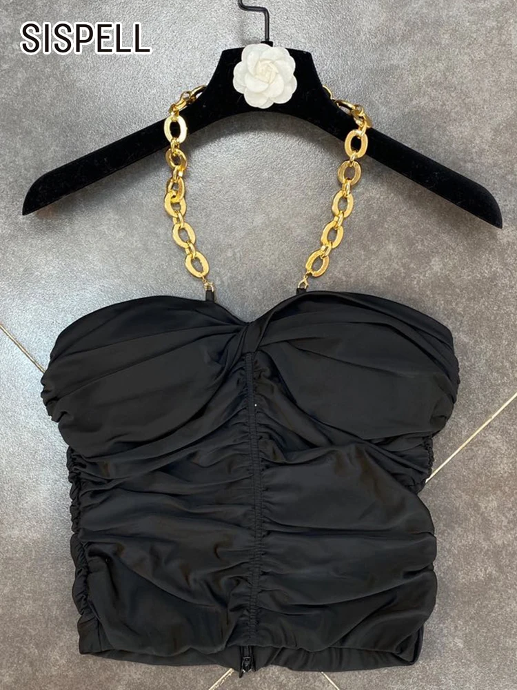 

SISPELL Women's Clothing Fashion Summer 2022 Women Black Short Sexy Top Corset Backless Fold Pleated Vests Fashion New Style