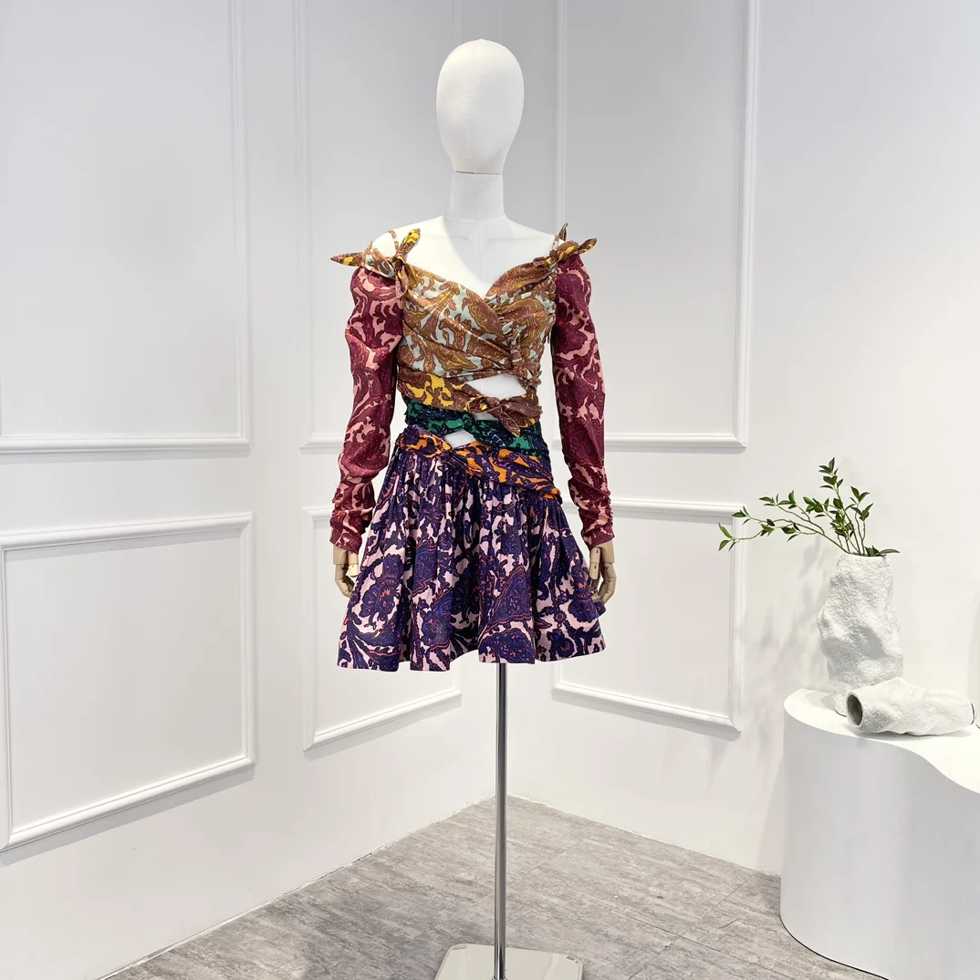 

Женское мини-платье из чистого льна, многоцветное платье с цветочным принтом, вырезом лодочкой и складками, весна 2023