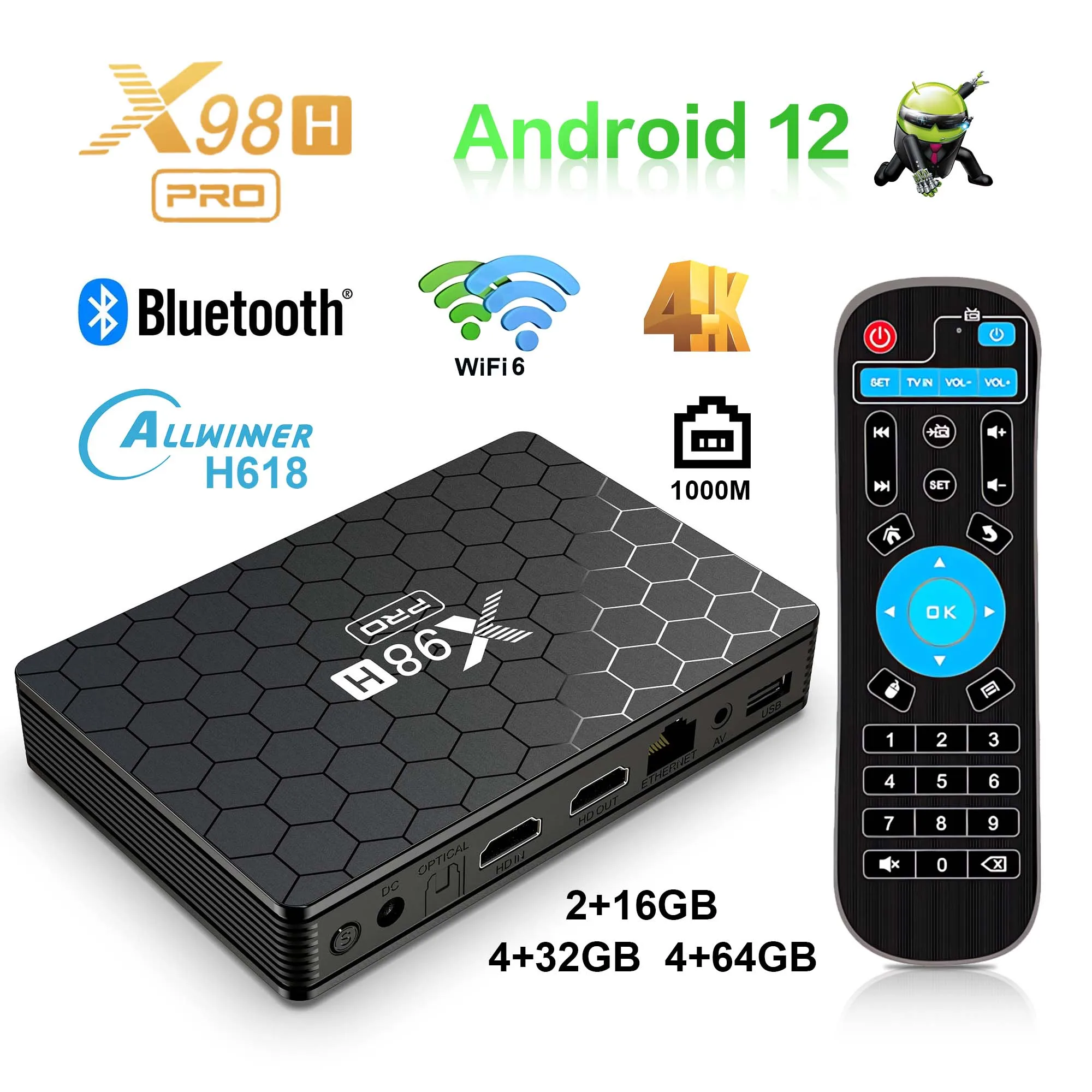 X98H PRO Android12 Smart TV BOX AllwinnerH618 Dual Wifi6 BT5.0 4K Вход 1000M LAN Поддержка Netflix Chromecast Stream Media Player