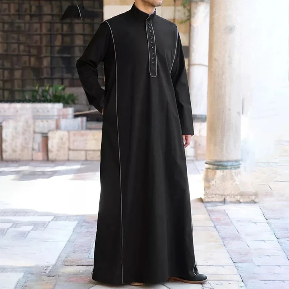 

New Arab Robe Solid Long Sleeve Gentleman Button Design Muslim Men's Robe Loose Pullover Mid-east Fashion Men Muslim Robe