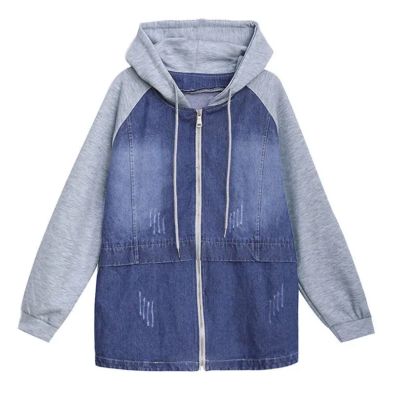 

Spring Autumn Deconstructable Hooded Turn-down Collar Denim Jacket Women Loose Button Patchwork Outwear Jean Coat Female Q386