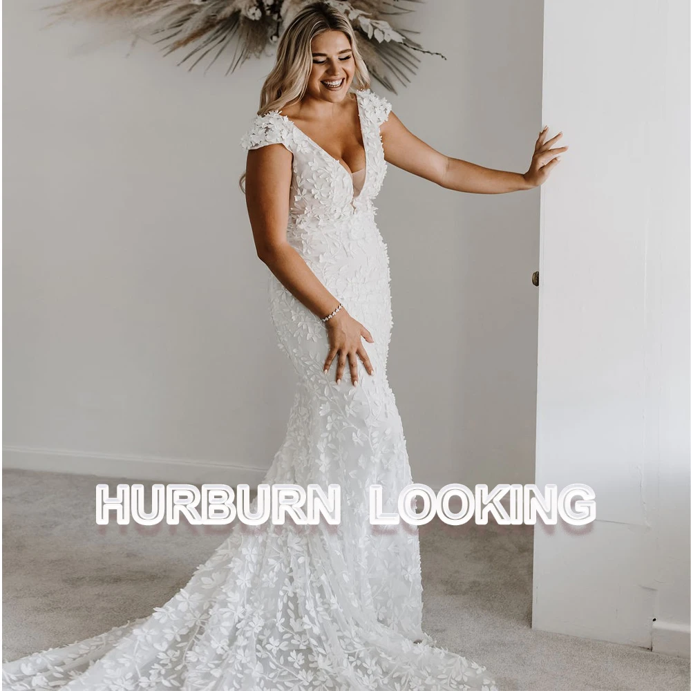 

HERBURN Elegant Mermaid Wedding Dresses 3D Leaves Appliques Deep V-Neck Sweep Train Backless Marriage Bride Gown Drop Shipping