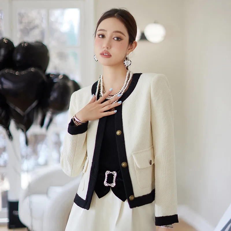 

White Luxury Buttons Women Formal Office Short Jackets Winter Fall Good Quality Tweed Knit Contrast Color Lady Work Coat