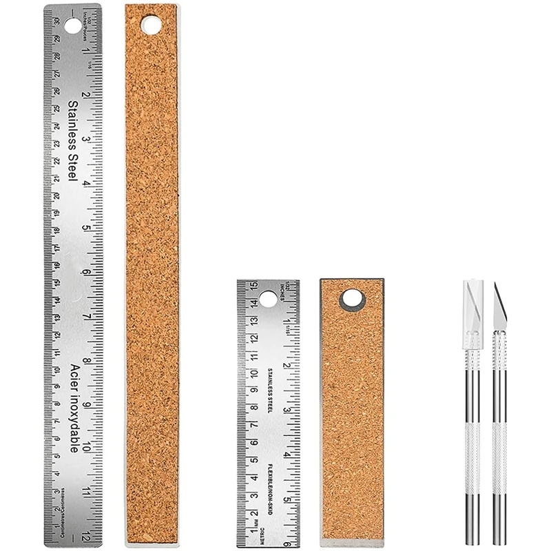 

4 Pcs Stainless Steel Cork Base Rulers Craft Knife Hobby Knife For Crafting And Cutting Scrapbooking Art Work Cutting