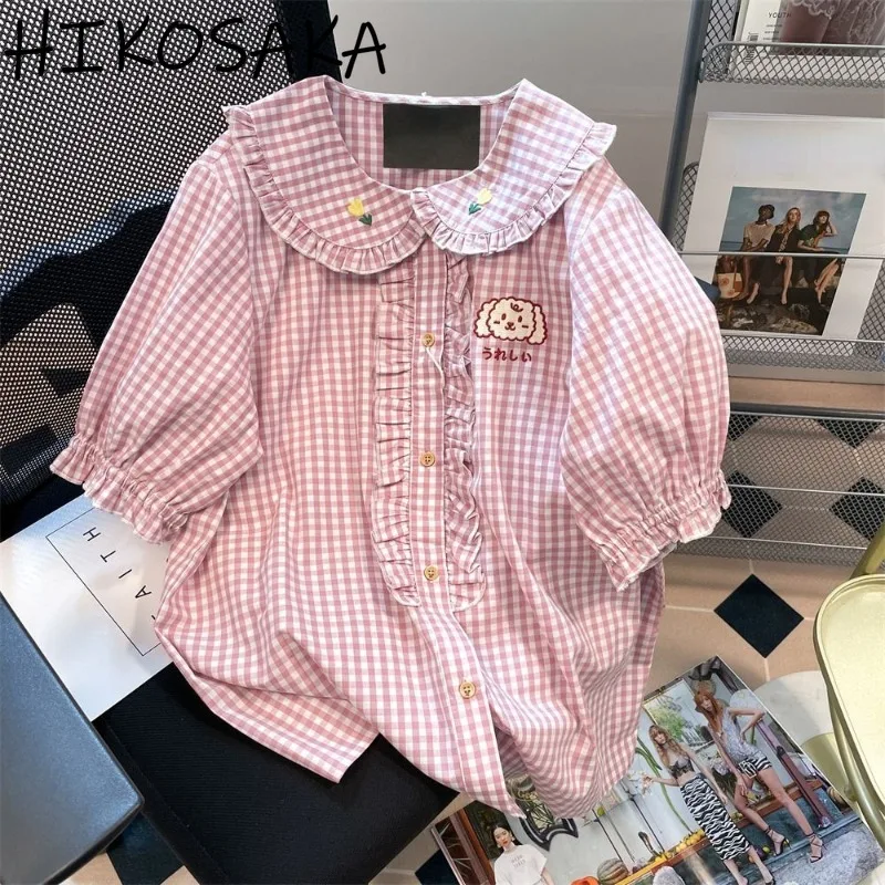 Японская милая блузка в клетку с мультяшной вышивкой и оборками однобортные