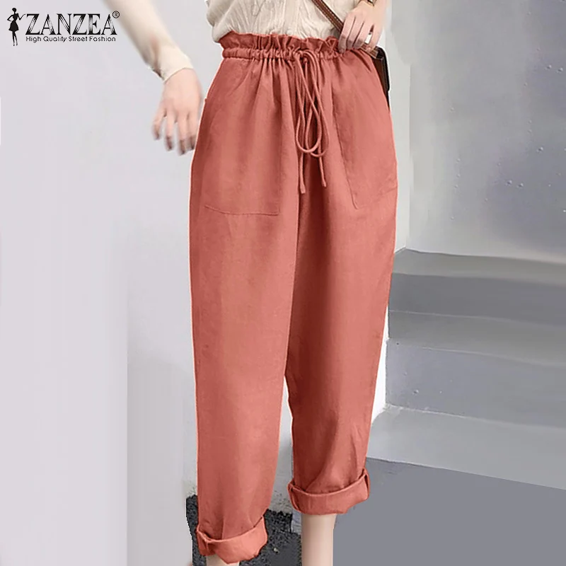 

Summer Ruffle Elastic Waist Pants ZANZEA Women Loose Harem Pants 2022 Spring Fashion OL Casual Solid Bandage Pantalons Palazzo 7