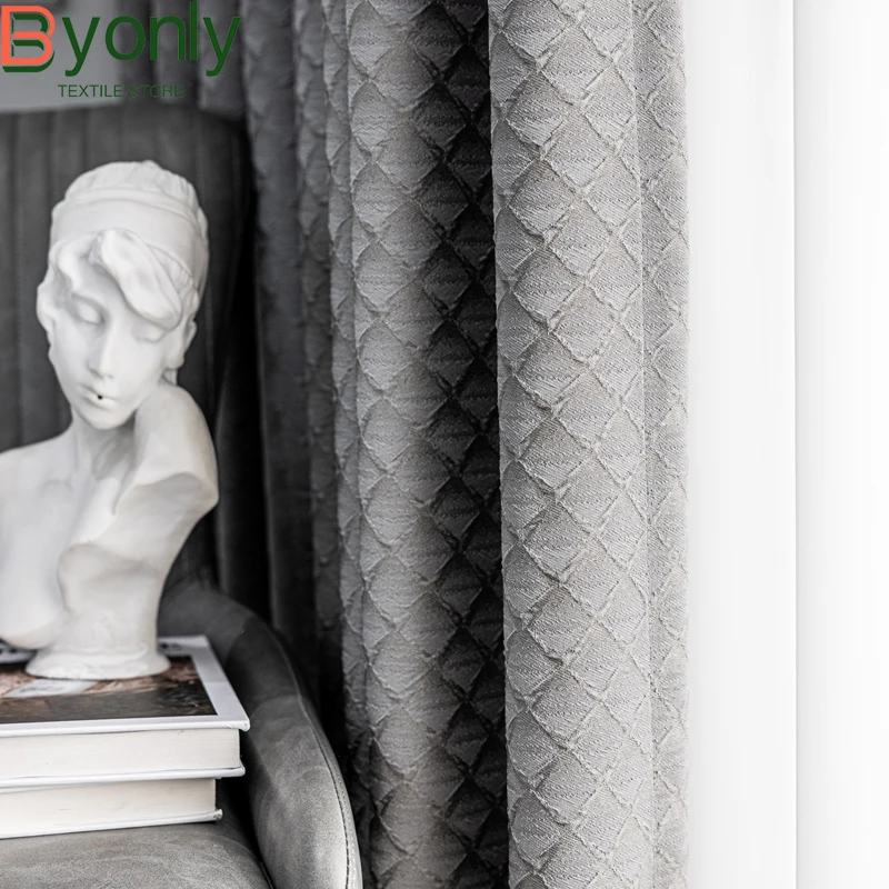 

Dark Gray Grid Jacquard Thickened Blackout Sound Insulation Curtains for Living Room Bedroom Balcony French Window Customized