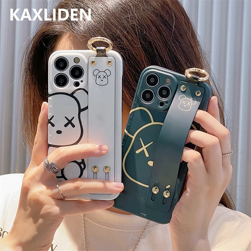 

Чехол для телефона с милым мультяшным медведем и ремешком на запястье для iphone 14 Plus 13 12 11 Pro Max X XR XS Max, модные мягкие силиконовые чехлы