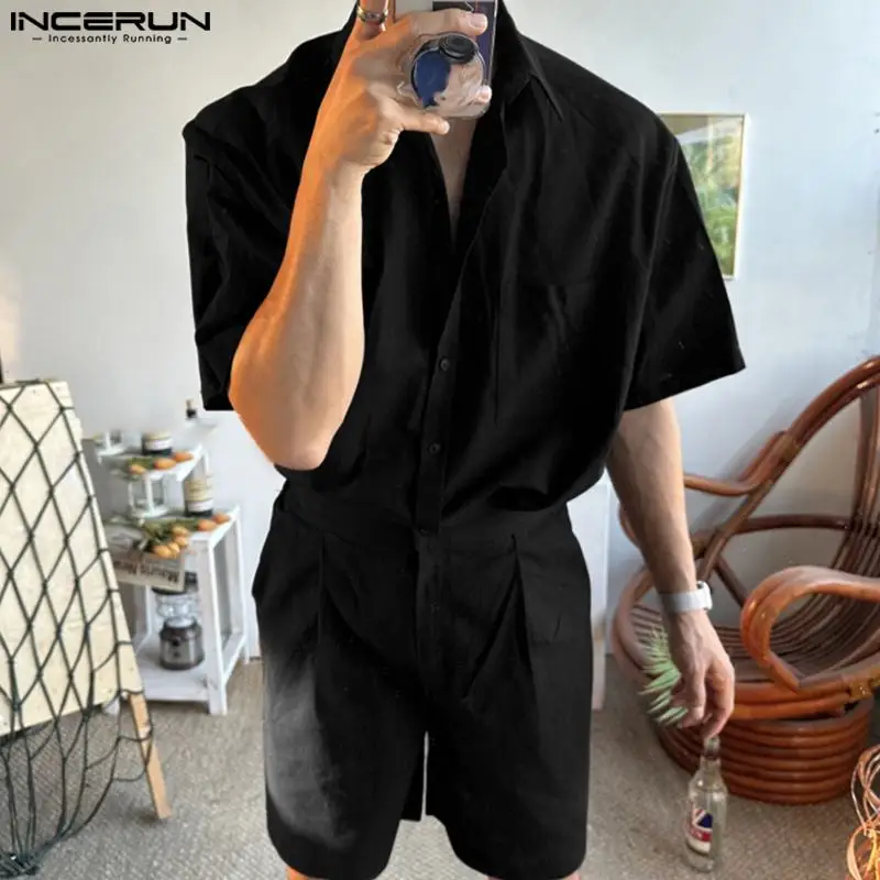 

2023 Men Sets Solid Color Loose Lapel Short Sleeve Shirt & Shorts 2PCS Summer Stylish Streetwear Men Casual Suits S-5XL INCERUN