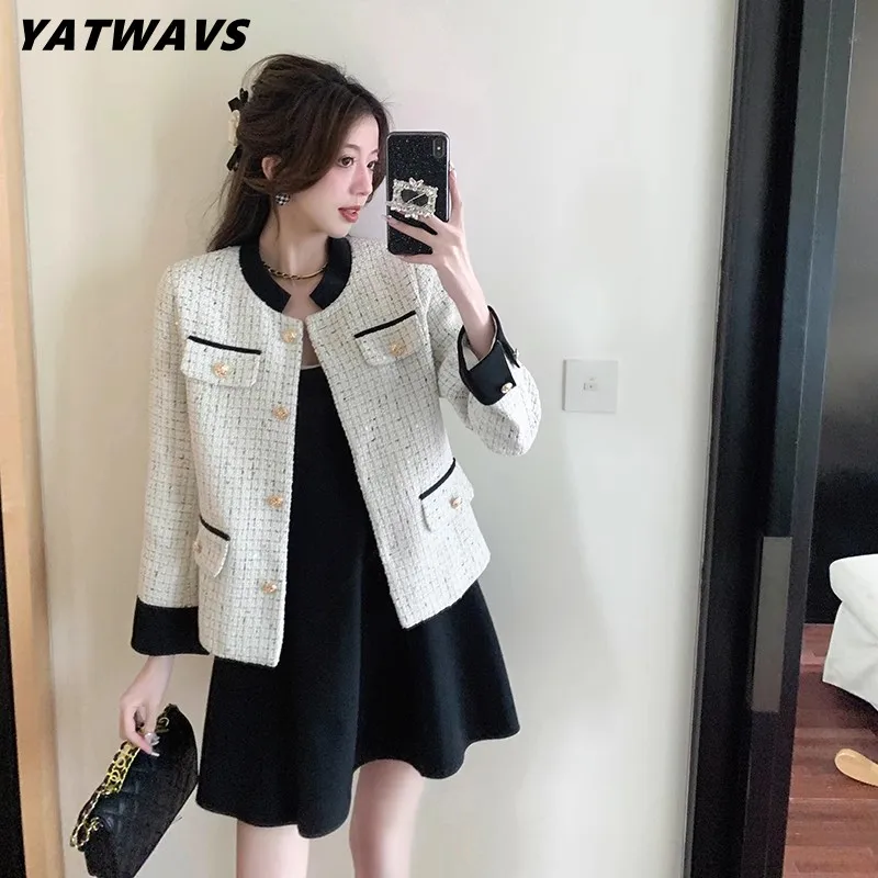 

Женское шерстяное пальто, маленькое очаровательное пальто во французском стиле, винтажная однобортная твидовая верхняя одежда в стиле пэчворк для весны и осени