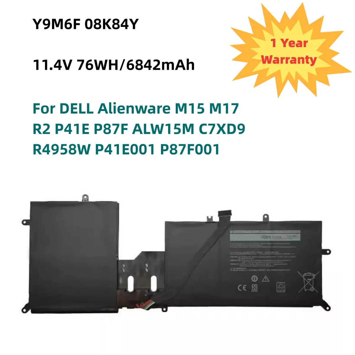Аккумулятор Y9M6F 08K84Y для ноутбука DELL Alienware M15 M17 R2 P41E P87F ALW15M C7XD9 R4958W P41E001 P87F001 11 4 V 76Wh