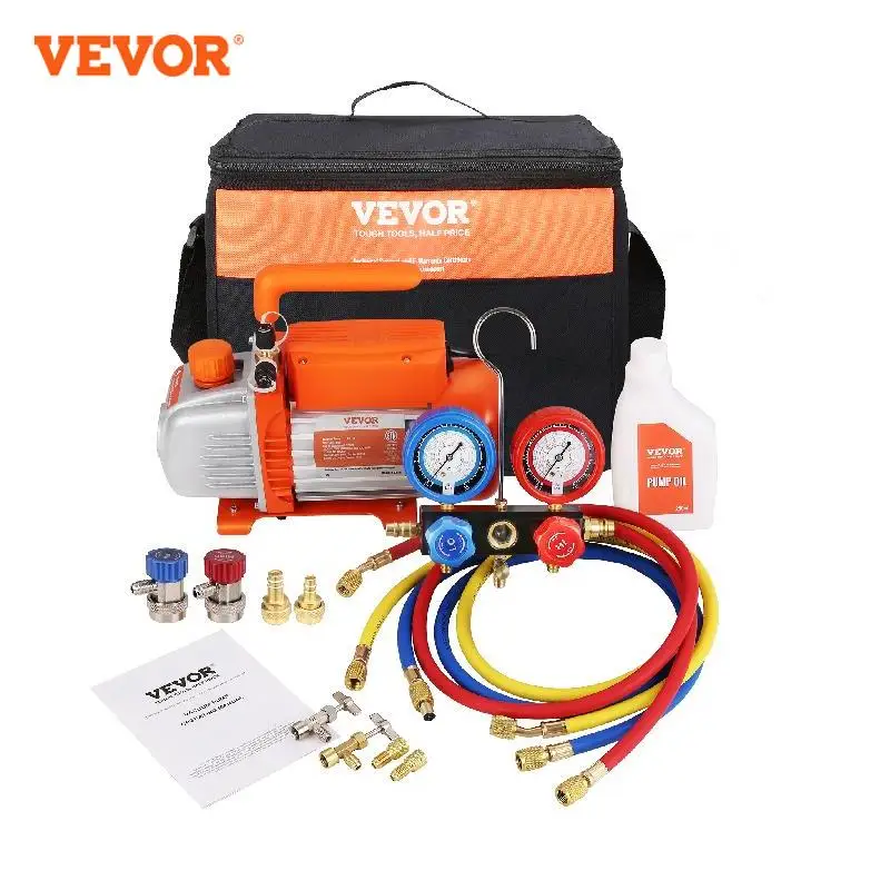 VEVOR Vacuum Pump & A/C Refrigerant Kit Manifold Gauge Set 3.5/4.5CFM Single Stage Rotary Vane HVAC Air AC for Air Conditioning