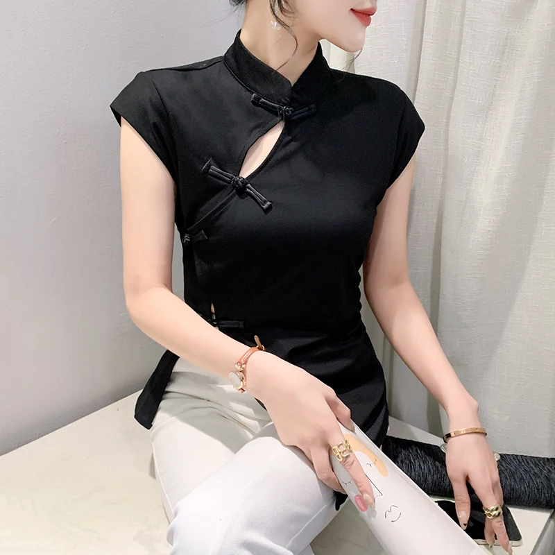 Новинка 2024 асимметричная сетчатая женская футболка в китайском стиле на