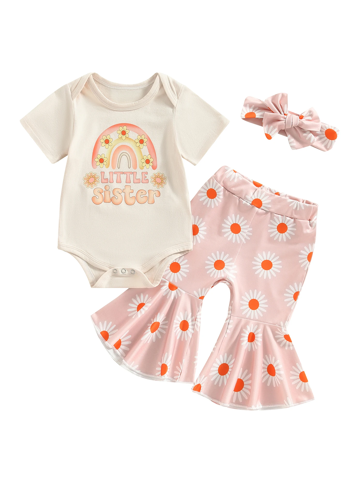 

Детские аксессуары, комбинезон с коротким рукавом и буквенным радужным принтом, цветочные расклешенные брюки, повязка на голову