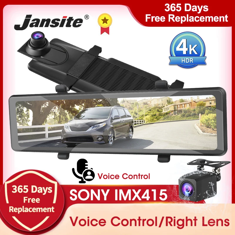 

Jansite 11.26 inch Car Camera Recorder 4K Right Lens Voice Control IMX415 Dual Lens Dash Cam Front and Rear Car DVR Night Vision