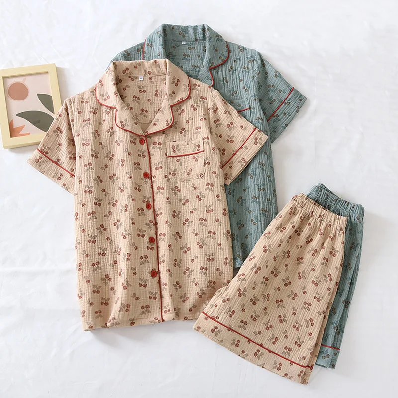 Double Layer Floral Print Pajama Set For Women Home Wear Nightwear Set Summer New Pyjamas Sleepwear Set