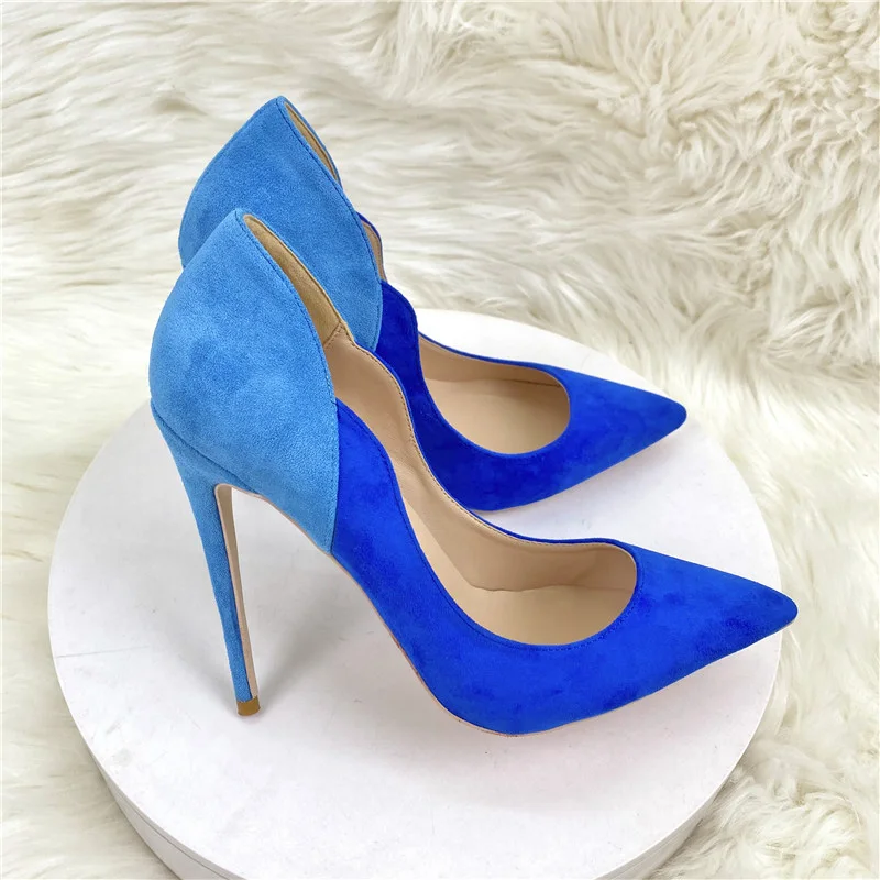 

Women Curl Cut Flock Pointy Toe High Heel Keshangjia Blue Color Matching Shoes 8cm 10cm 12cm Elegant Faux Suede Stiletto 33-45