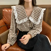 sweet plaid blouse peter pan collar loose springautumn elegant high street fashion new cute basic casual top aesthetic tops