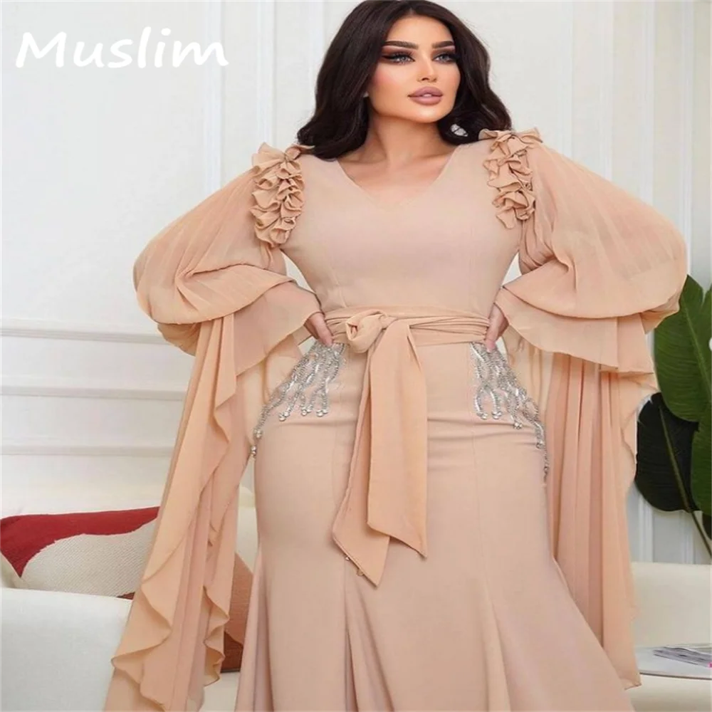 

Champagne Mermaid Prom Dress Plus Size 2023 Long Sleeve Arabic Evening Dress Chiffon Applique With Sash Turkey Formal Occasion