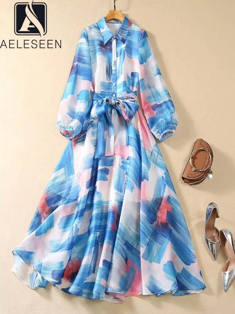 

AELESEEN Women Autumn Dress Runway Fashion Lantern Sleeve Turn-down Collar Single-breasted Ink Contrast Color Print Belt Long