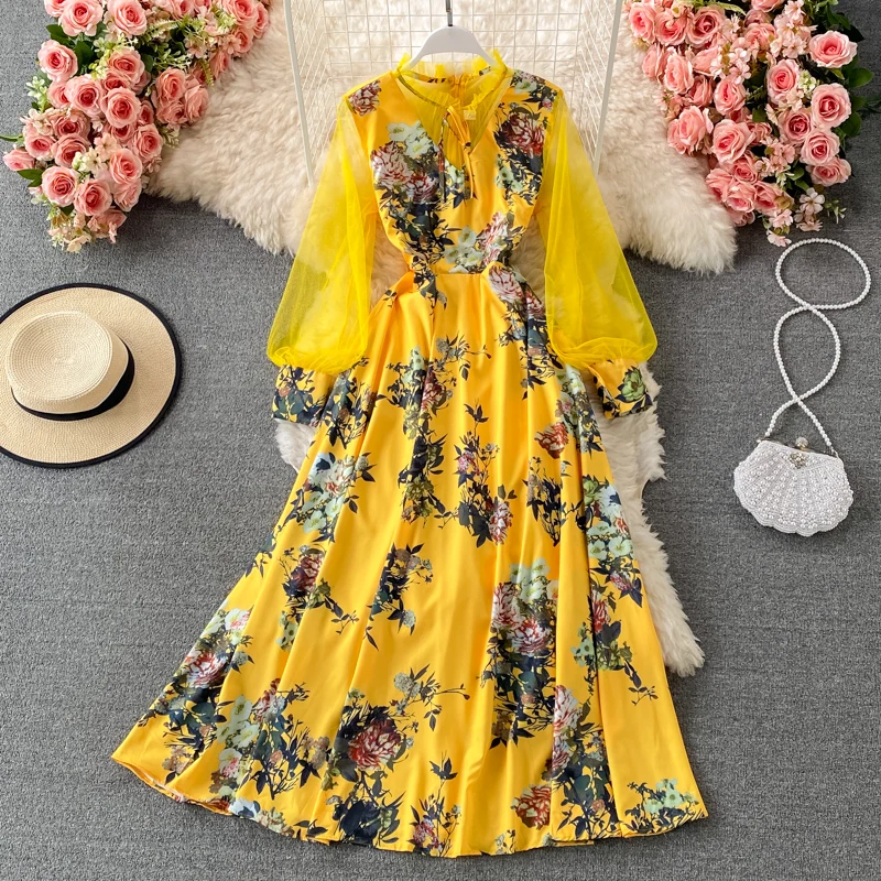 

Fitaylor New Spring Autumn Floral Print Long Dress Women Casual Gauze Patchwork Long Sleeve A-line Dress Lady Slim Chiffon Dress