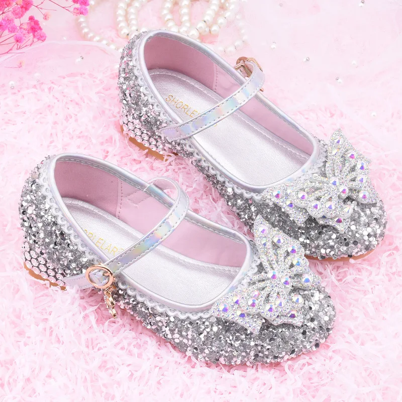 

New Kids Leather Shoes Girls Rhinestone Sequins Princess Shoes High Heel New Children Performance Shoes Student Shoes