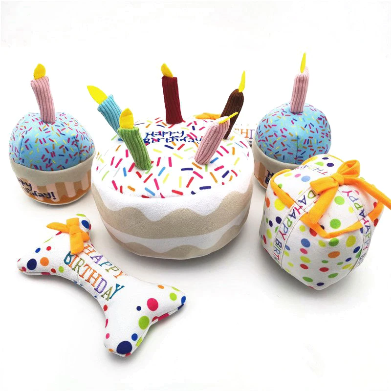 Birthday Cake Shape Dog Plush Toys Cute Soft Stuffed Squeaky Molar Training Chew Puppy Cat Toy Pet Accessories Supplies