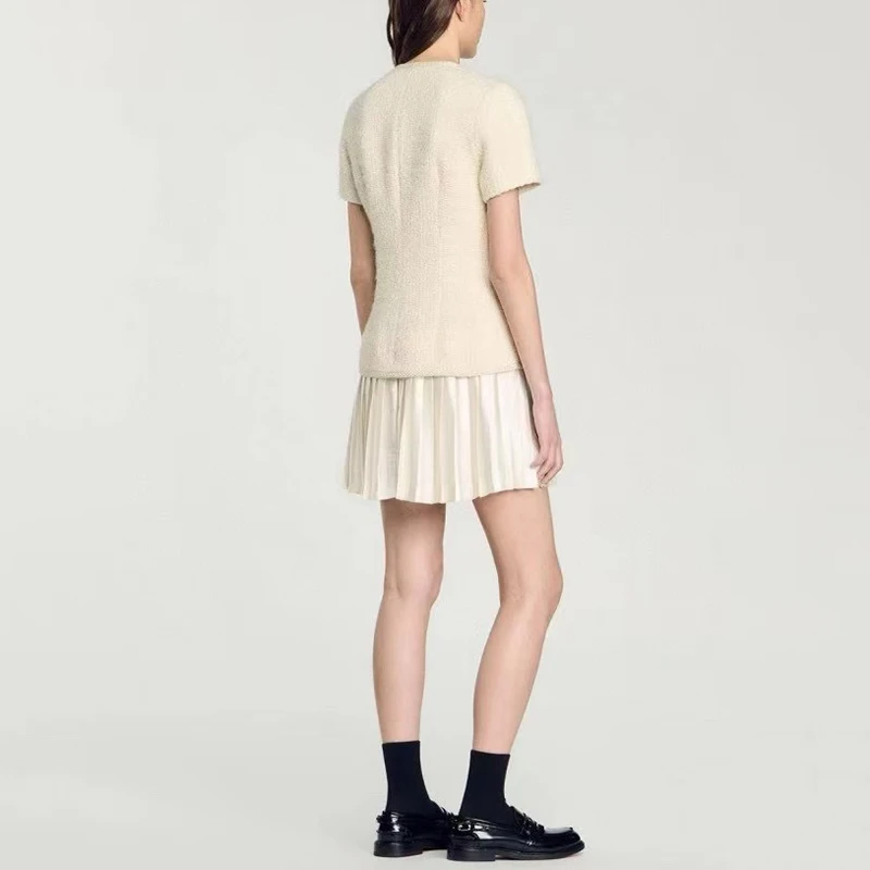 Женское твидовое плиссированное платье короткое из двух частей French Chambray Fake юбка