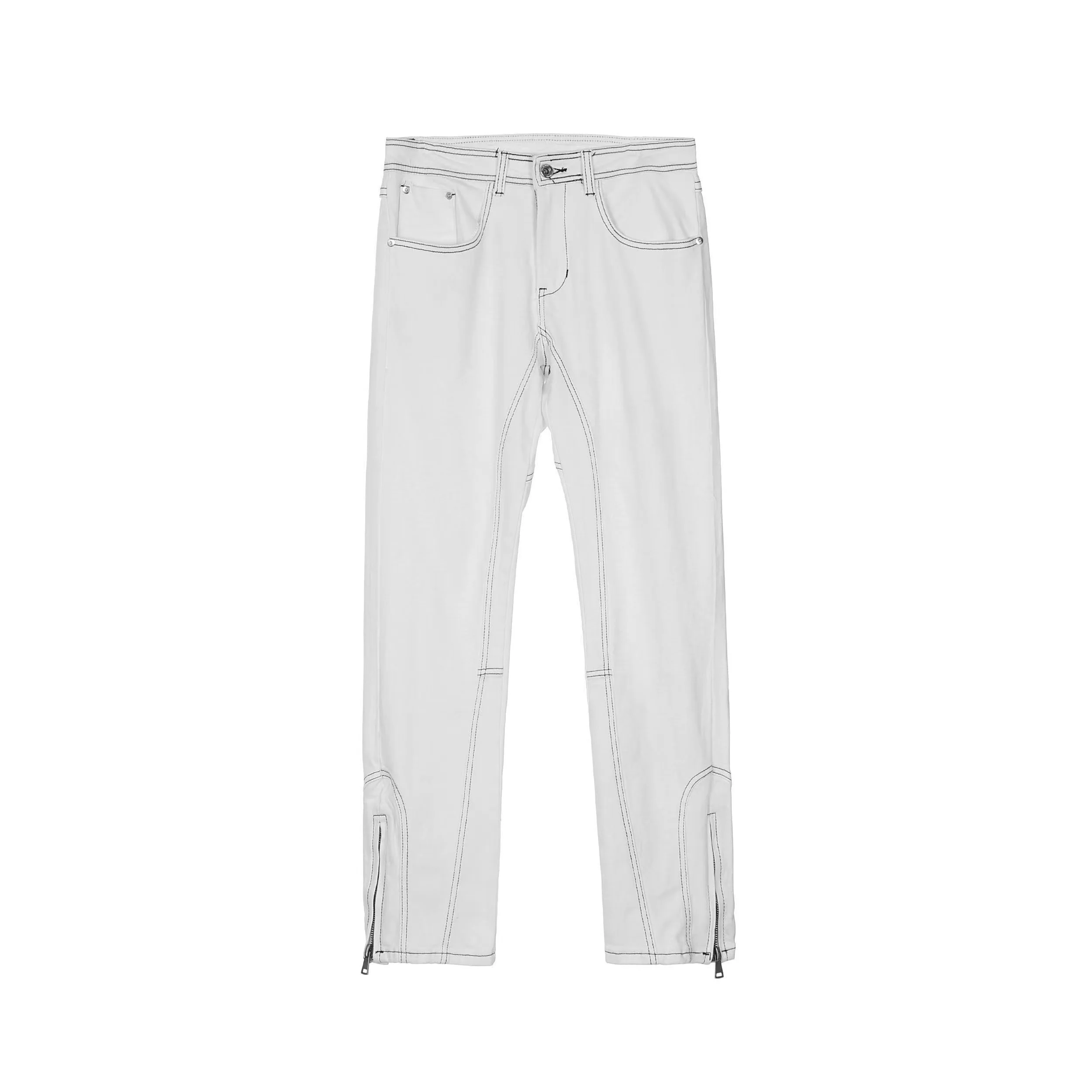 Four Seasons High Street Men's White Jeans Topstitched Zipper Loose Straight Casual Trousers Niche Pants Streetwear Ins Hot Sale