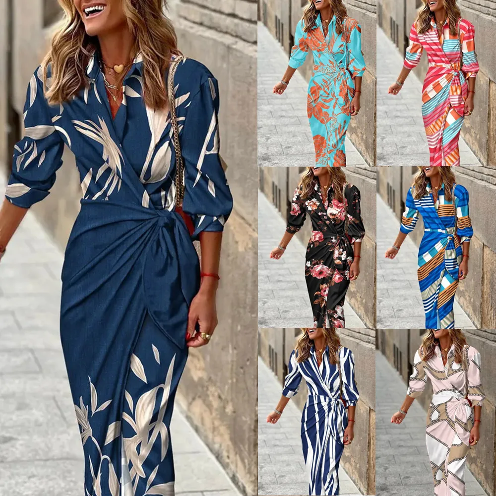 

2023 Women's new fashion printed shirt collar lace up mid length striped dress