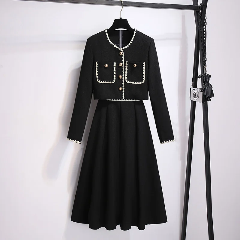

Small Fragrant Autumn Black Skirt Two Piece Set Short Ladies Suit Coat With A-Line High Waist Skirt