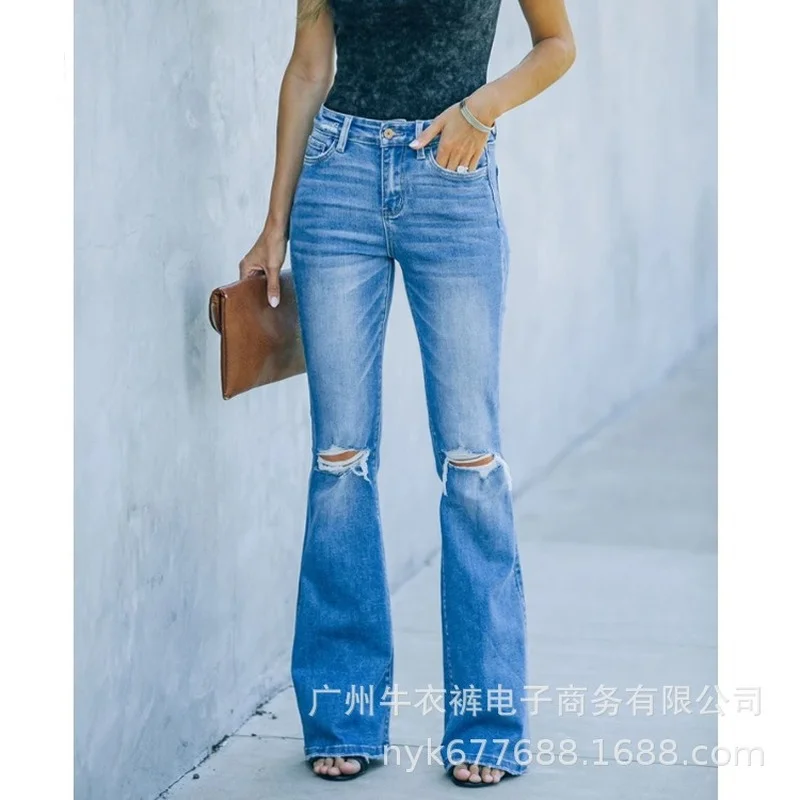 

Donsignet Fashion Women's Jeans Autumn Casual Hot-selling High Street Fashion Mid-rise Solid Color Ripped Hollow Horn Slim Jeans