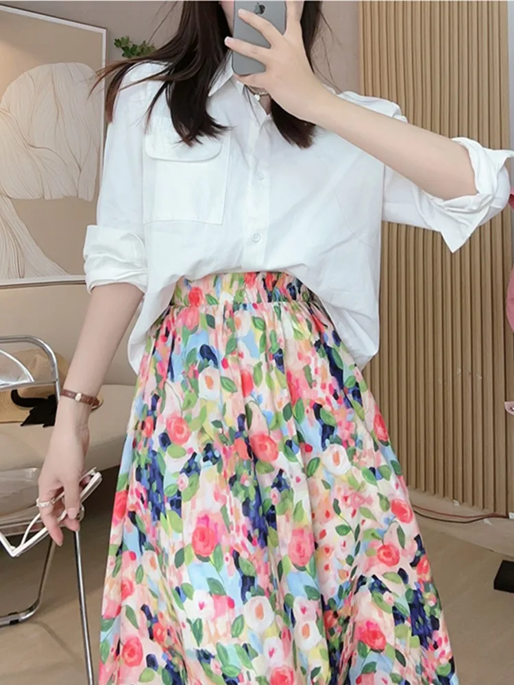 

Summer Casual Fashion Cotton Skirt For Women Print A-LINE High-waisted Skirt Boho Swing Beach Vintage Long Maxi Skirt 2023 New