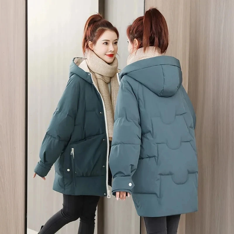 2022 New Winter Warm Thick Loose Cotton Coat Korean Hooded Solid Parkas Coat Female Outwear Winter Women's Cotton Padded Jacket
