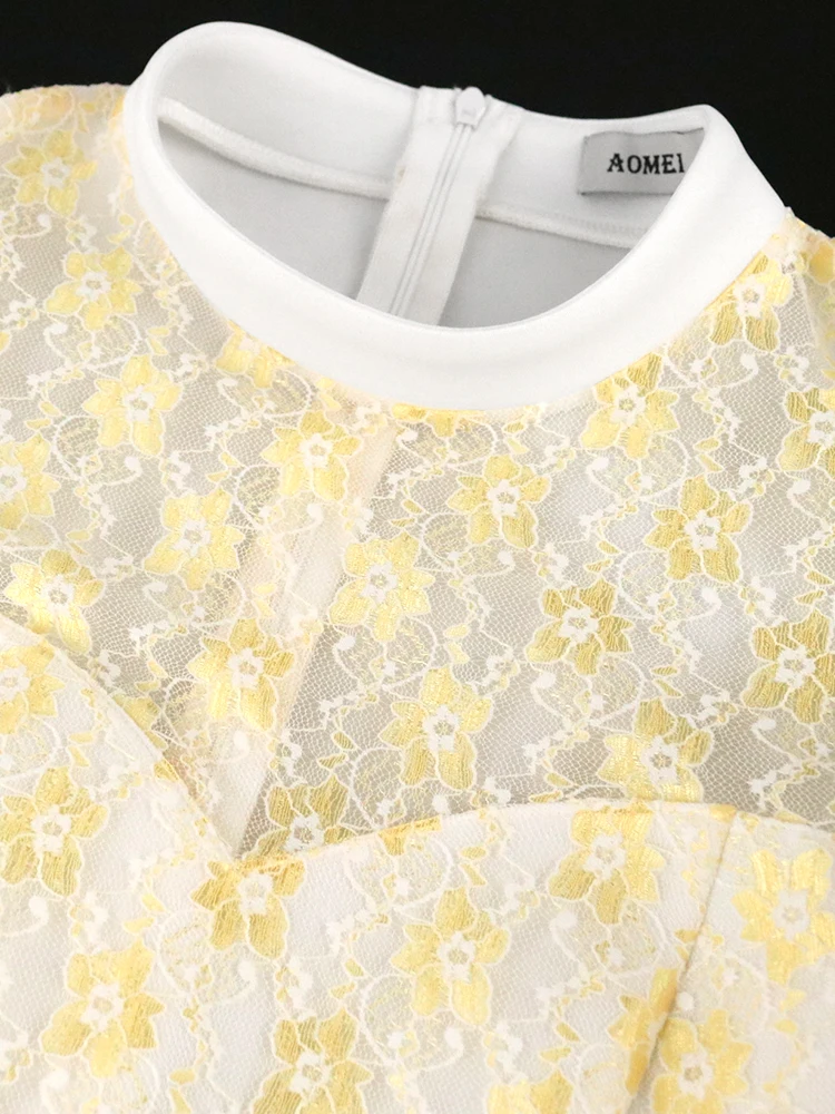 AOMEI Plus Size White Dress Ruffles Women Bodycon Gold Lace Patchwork Party Elegant Robes Christmas Evening Prom Celebrate Event