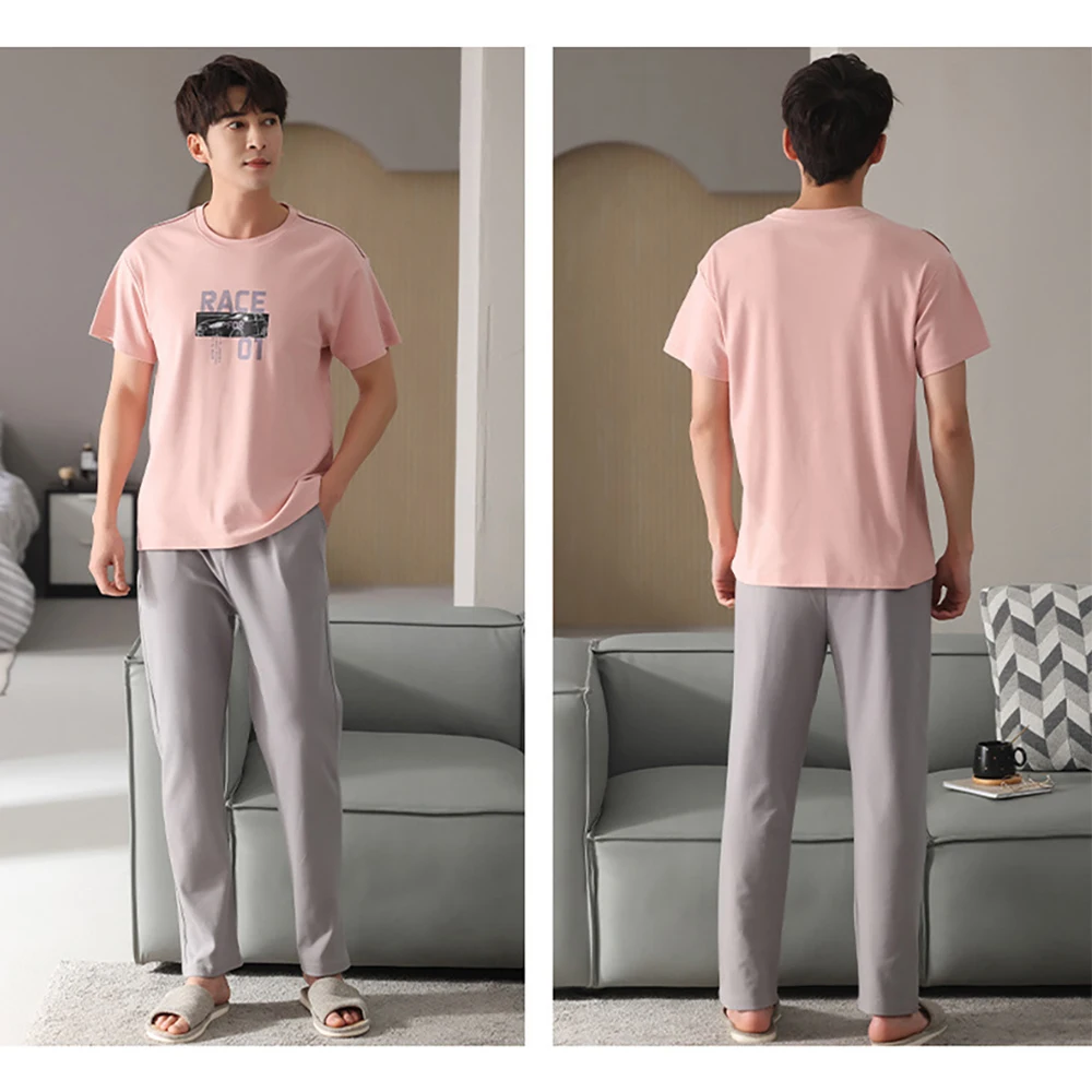 100% Cotton Soft Sleepwear Trendyol Print Short Sleeve+Long Pants Pajama Sets Summer Pyjama Pijamas Thin pijama hombre masculino