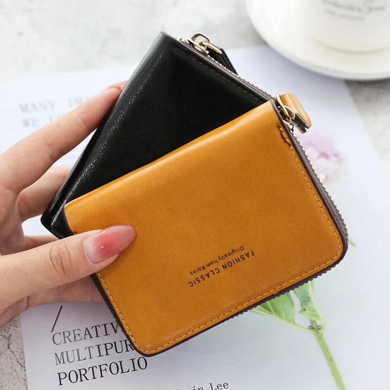 

PU Leather Business Card Holder Coin Pouch Woman Short Wallet Zipper Card Cover Organizer Money Case Purse Solid Color Pocket