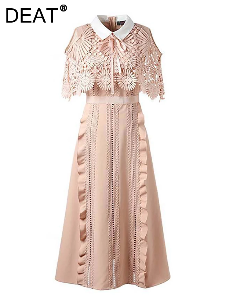 

DEAT Women's Fashion Dress Lapel Short Sleeve Embroidery Patchwork Ruffles Waist Female Elegant Dresses Summer 2023 New 13DB2609