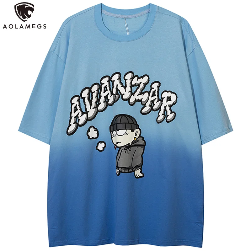 

Aolamegs Men's Oversized T-Shirts Cartoon Graphic Print T Shirt Summer Harajuku Hip Hop Loose Top Tees Gradual Change Streetwear