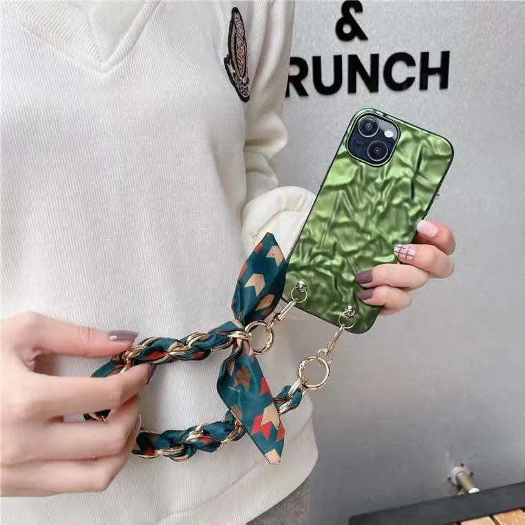 

Green Plating Metal Scarf Lanyard 13pro For iPhone 13 12 11 Pro Max 2022 New DIY Soft Case Mini iX XR XsMax 2020 7 8 Plus Case