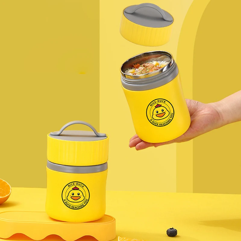 

304 Stainless Steel Yellow Duck Soup Cup Portable Oatmeal Breakfast Cup Small Bucket With Cutlery Warm Student Lunch Box