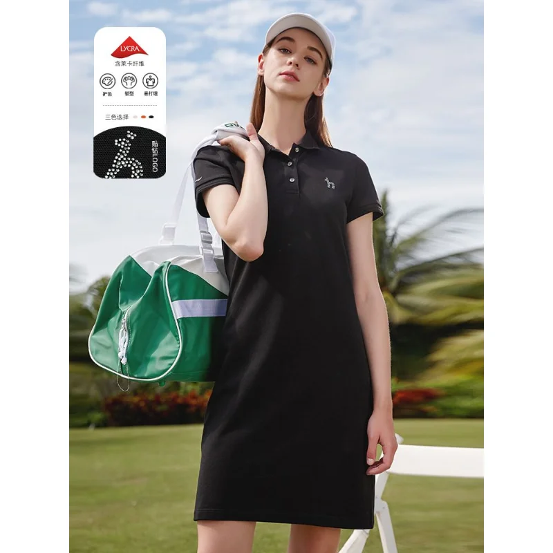 Hazzys Spring and Summer New Women's Slim Short-sleeved Dresses Black Mid-length Polo Skirt Fashion Casual Lapel Women Dresses
