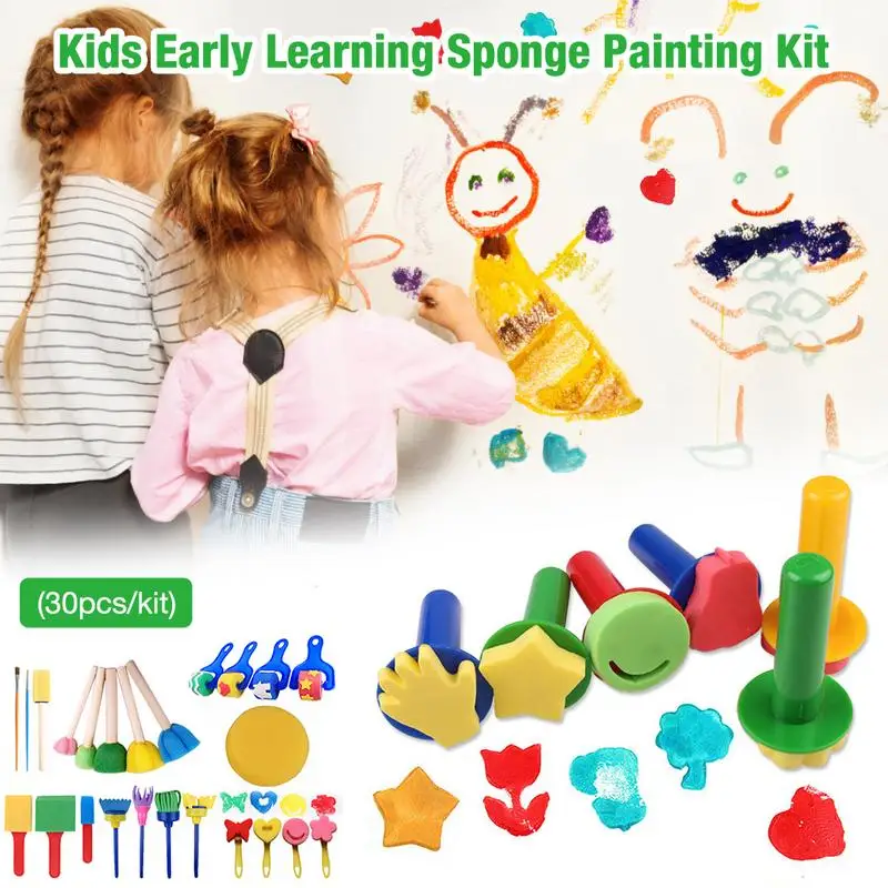 

Kids Early Learning Sponge Painting Kit Child Early Education Paint Set 30 Pieces Sponge Drawing Shapes Paint Brushes