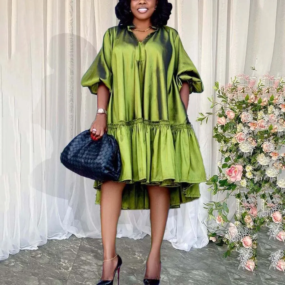 

Elegant Dresses for Women Green Loose v Neck Half Sleeve Fashion Luxury Birthday Party Dinner Wedding Vestidos Mujer Dress Hot