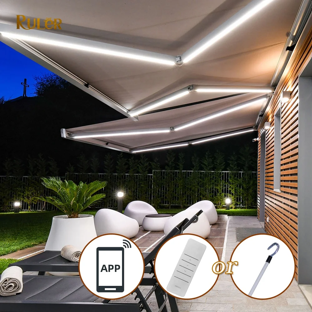 

Awning Suppliers Outdoor Electric Waterproof Acrylic fabric Aluminum Frame full cassette retractable arm awning with LED light